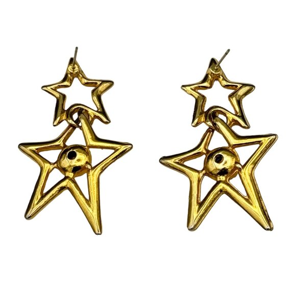 80s / 90s Glam Rockstar Gold Star & Rhinestone Vintage Dangle Costume Earrings - Picture 4 of 7